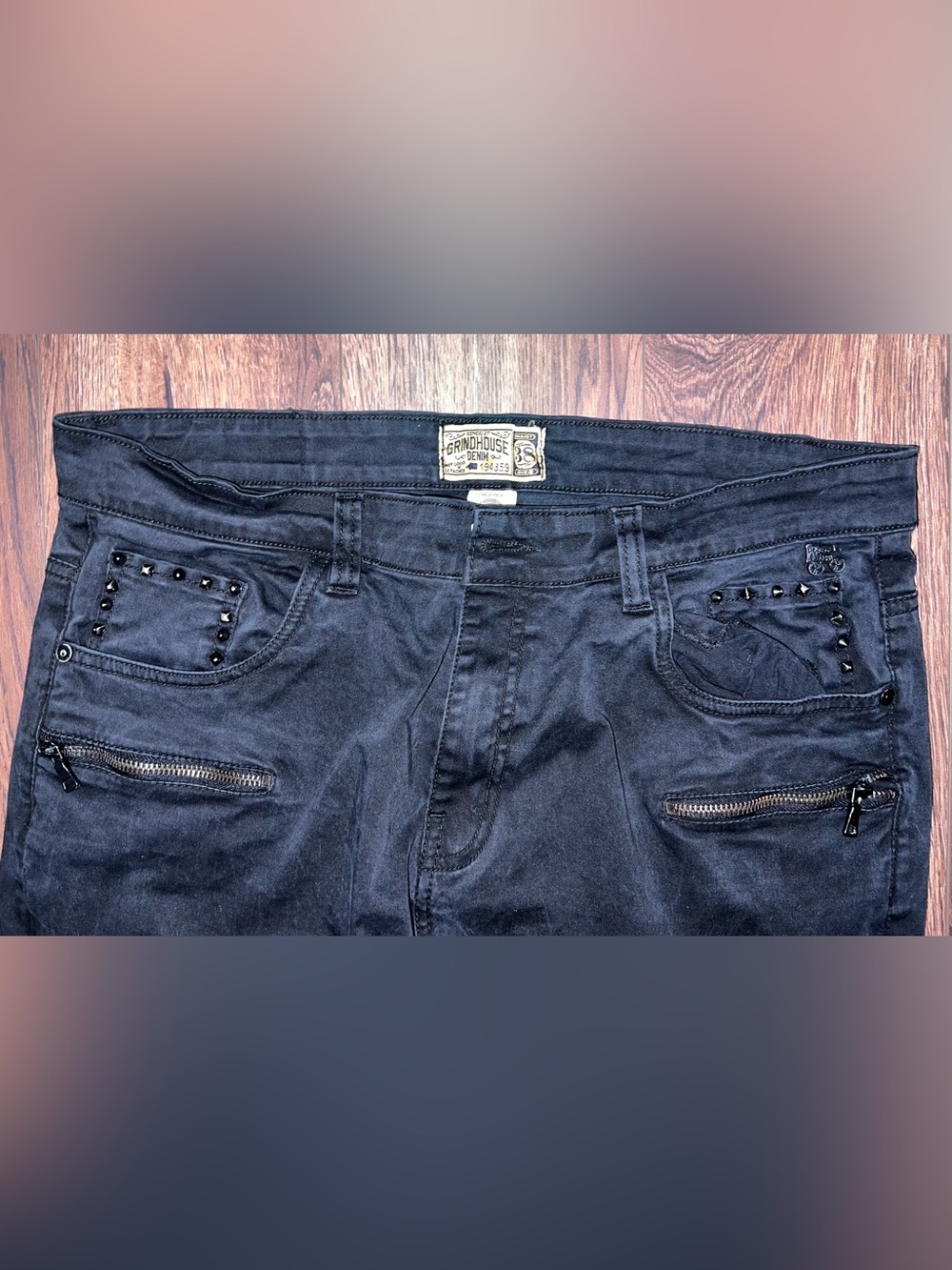 Grindhouse Denim Men's Black Slim Straight Moto Jeans with Stud & Ribbed Panels - Picture 3 of 6